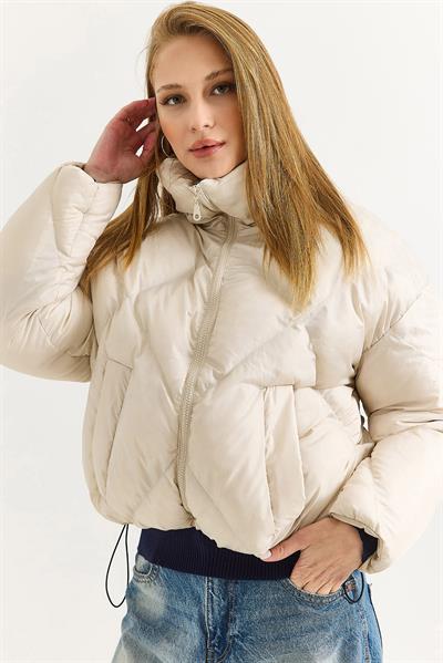 Kadın Oversize Alttan Lastikli Kahverengi Şişme Mont Bej