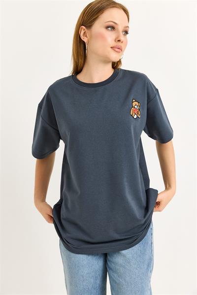 Ayıcık Nakışlı Oversize İki İp Tshirt Füme