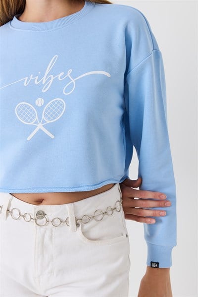 Kadın İki iplik Crop Sweatshirt Mavi