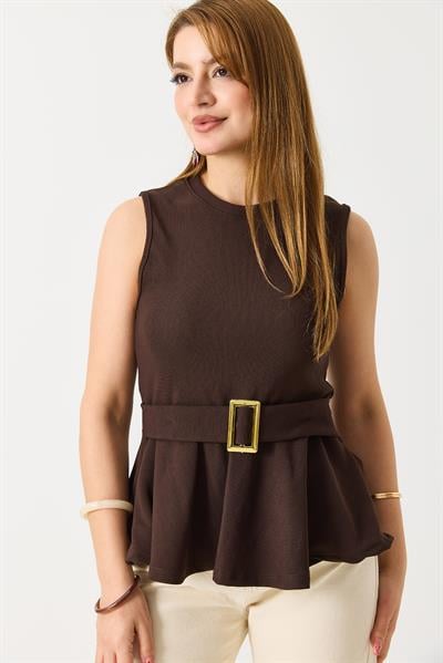 Kadın Toka Detaylı Kaşkorse Bisiklet Yaka Bluz Kahverengi