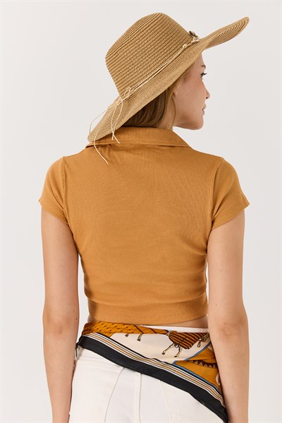 Polo Yaka Basıc Kısa Kollu Örme Kaşkorse Crop Bluz Camel
