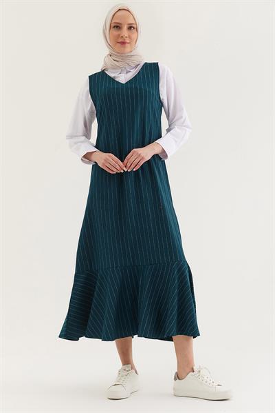 Çizgili Sıfır Kol Beli Kuşaklı Elbise Yeşil
