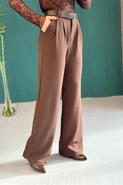 Likralı Krep Örme Kumaş Kemerli Salaş Pantolon Kahverengi