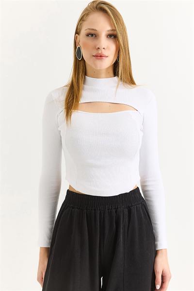Kadın Fitilli Dekolteli Bluz Beyaz
