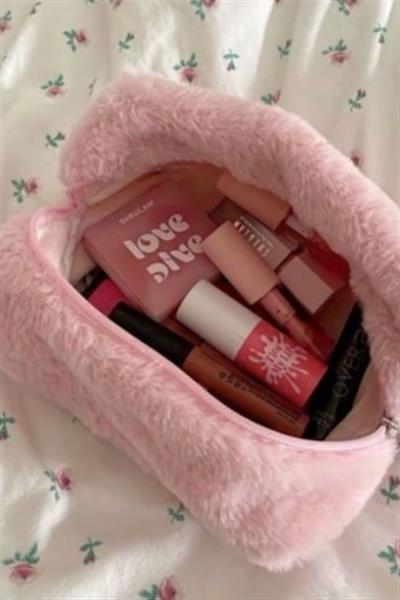 Kadın Peluş Makyaj Çantası Açık Pembe