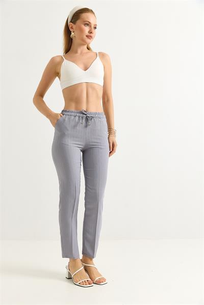 Beli Lastikli Çizgi Desenli Krep Pantolon Gri