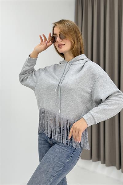 Kadın İp Saçaklı Kapuşonlu Sweatshirt Gri