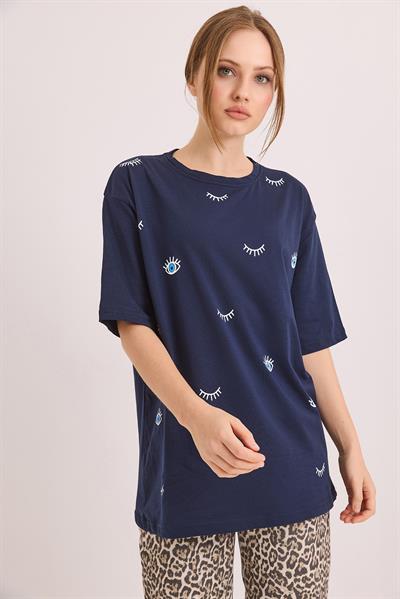 Göz Baskılı Oversize Pamuk Süprem Tshirt Lacivert
