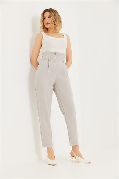 Çift Düğmeli Yüksek Bel Palazzo Pantolon Gri