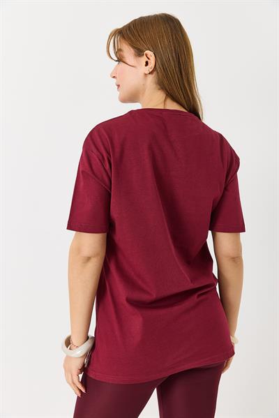 Kadın Parlak Yazılı Baskılı Tshirt Bordo