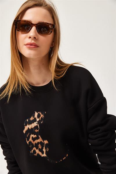 Leopar Baskılı Üç İplik Şardonlu Sweatshirt Siyah