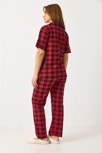 Kadın Ekoseli Pijama Takımı Kırmızı