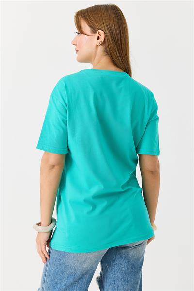 Kadın Parlak Yazılı Baskılı Tshirt Yeşil