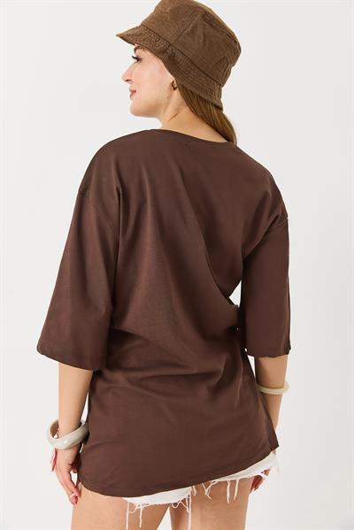 Kadın Yazı Baskılı Bisiklet Yaka Tshirt Kahverengi