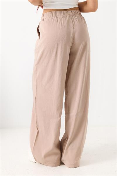 Kadın Taş Detaylı Bol Kesim Keten Görünümlü Pantolon  Vizon