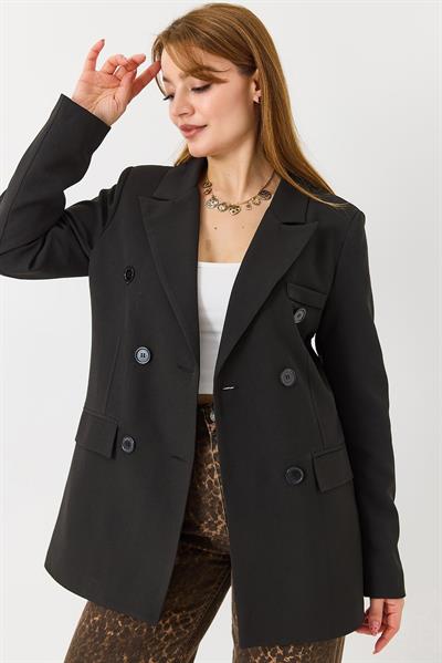 Kadın Düğmeli Tam Kalıp  Blazer Ceket Siyah