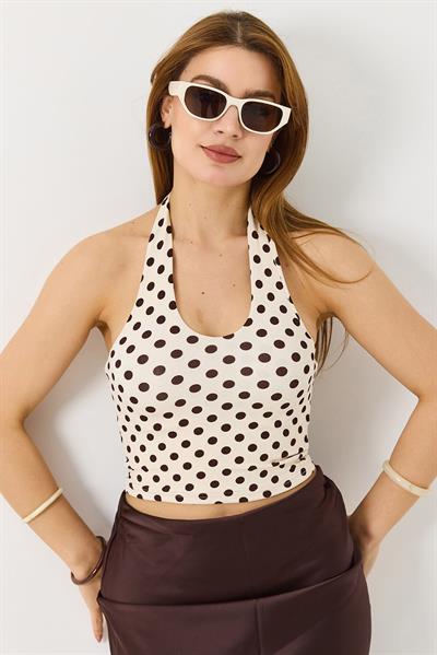 Kadın Boyundan Askılı Puantiyeli Crop Bluz Krem