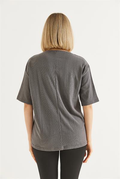Bisiklet Yaka  Kısa Kol Basic Tshirt Gri