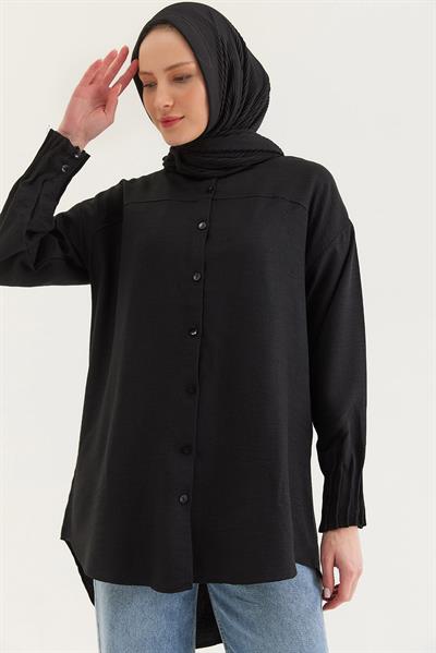 Keten Kumaş Kol Nervül Detaylı Gömlek Tunik Siyah
