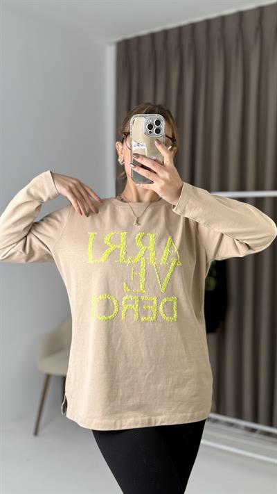 Kadın Vizon Yazı Baskılı Uzun Kollu  Tshirt