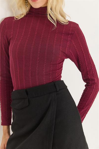 Kadın Balıkçı Yaka Triko Esnek Kazak Bordo