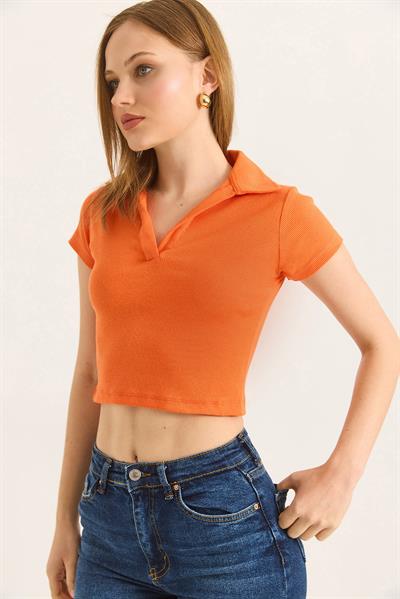 Polo Yaka Basıc Kısa Kollu Örme Kaşkorse Crop Bluz Portakal