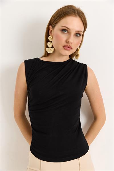 Yanları Büzgülü Pamuk Örme Bluz  Siyah