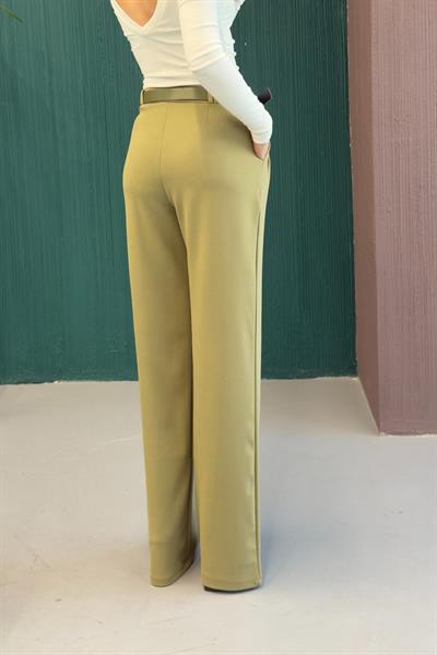 Likralı Krep Örme Kumaş Kemerli Salaş Pantolon Yeşil