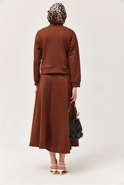 Metal Düğmeli Etekli Scuba İkili Takım Kahverengi