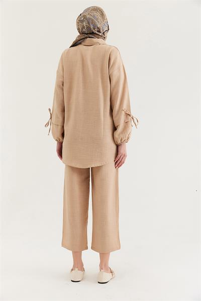 Kol Büzgülü Gömlek Pantolon İkili Takım Krem
