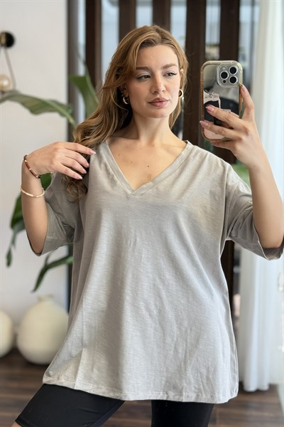 Kadın V Yaka Oversize Salaş Tshirt Gri