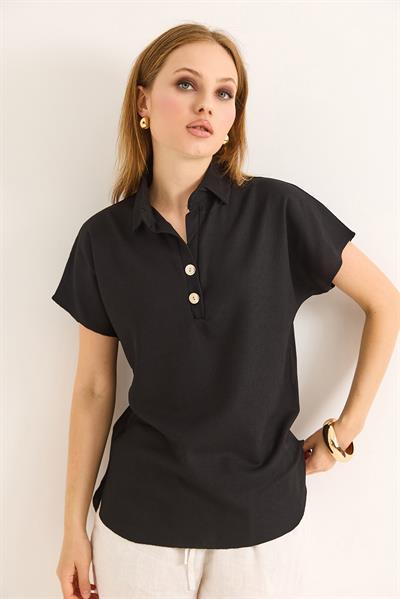 Polo Yaka Oval Kesin Kadın Tshirt Siyah