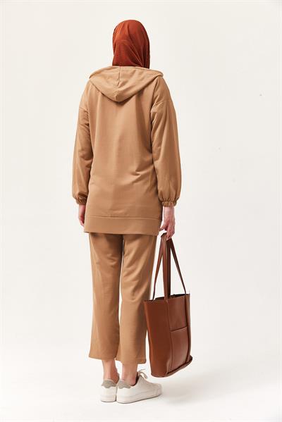 Kadın Kapüşonlu Fermuarlı İkili Takım Vizon