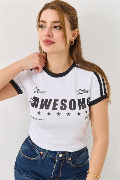 Bisiklet Yaka Baskılı Crop Tshirt Beyaz