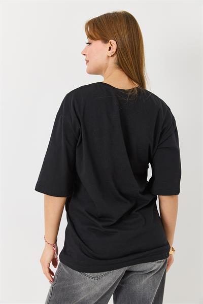 Kadın Çöl Tema Baskılı Bisiklet Yaka Tshirt Siyah