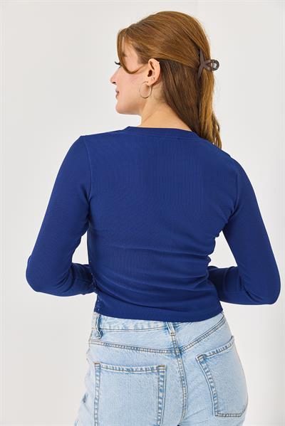 Kadın Ottoman Bisiklet Yaka Taşlı Bluz Lacivert