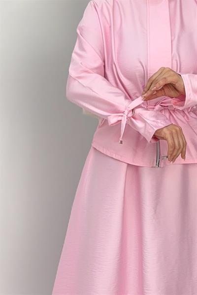 Kadın Beli Büzgü Detaylı Fermuarlı Etekli Takım Pembe