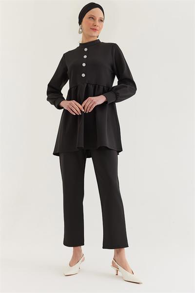Taş Düğmeli Scuba İkili Takım Siyah