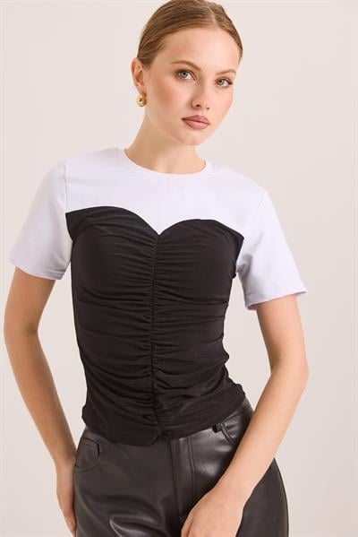 Büzgü Detaylı Straplez Görünümlü Premium Bluz	Siyah