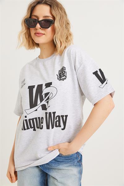 Bisiklet Yaka Baskılı Tshirt Açık Gri