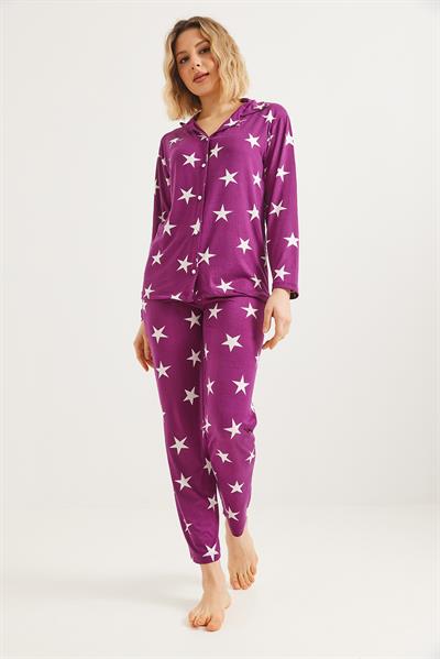 Düğmeli Uzun Kollu Pijama Takımı Mor