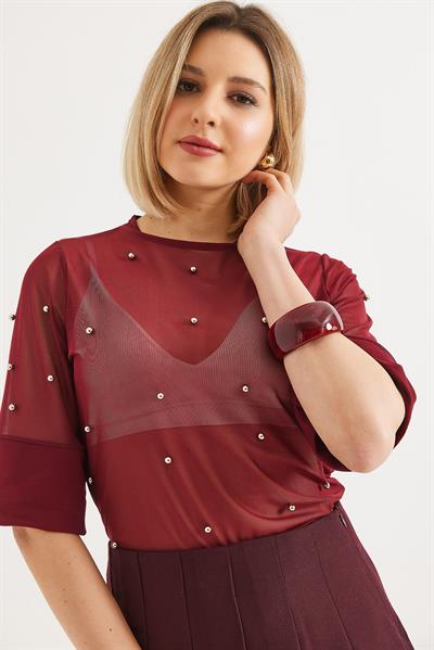 Yarım Kol Transparan Bluz Bordo