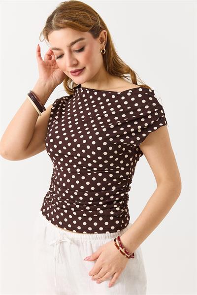 Kadın Omuz Ve Beli Büzgülü Puantiyeli Bluz Kahverengi
