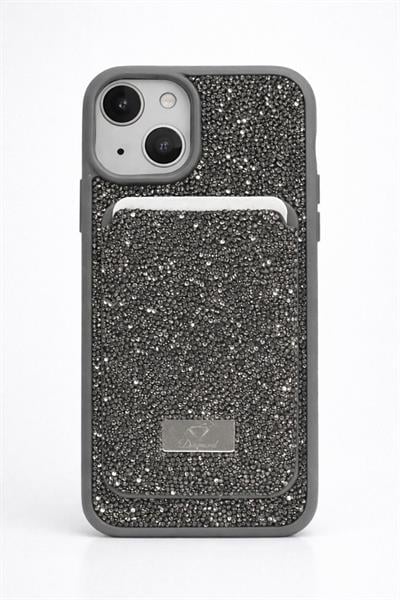 İphone 13 Uyumlu Parlak ve Taşlı Kart Bölümlü Kılıf Antrasit