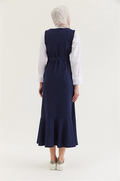 Çizgili Sıfır Kol Beli Kuşaklı Elbise Lacivert
