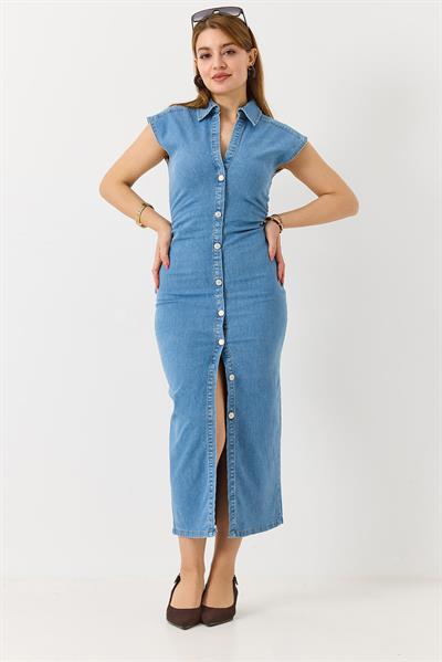 Kadın Drape Detaylı Likralı Midi Boy Denim Elbise Açık Mavi