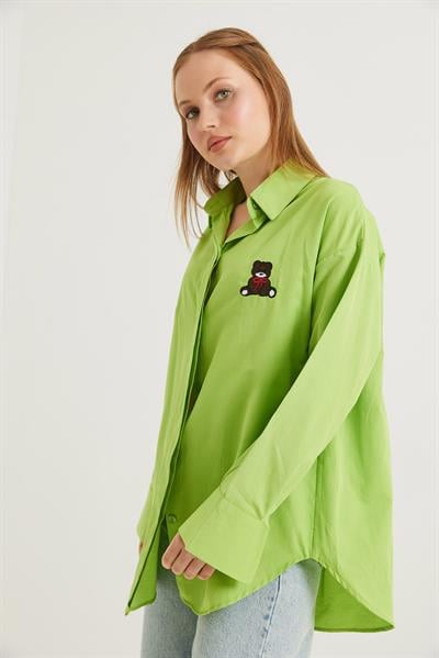 Ayıcık Nakışlı Oversize Basic Gömlek Açık Yeşil