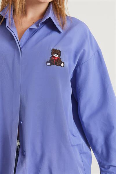 Ayıcık Nakışlı Oversize Basic Gömlek Lila
