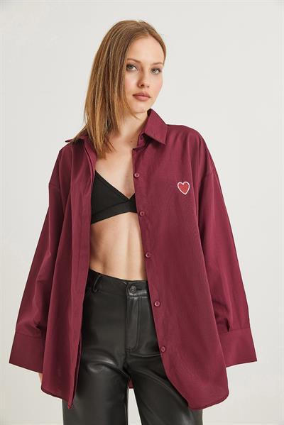 Kalp Nakışlı  Oversize Basic Gömlek Bordo