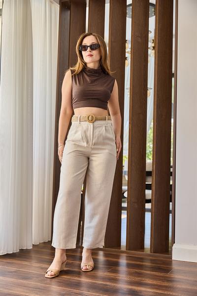 Regular Kesim Kadın Keten Pantolon Bej